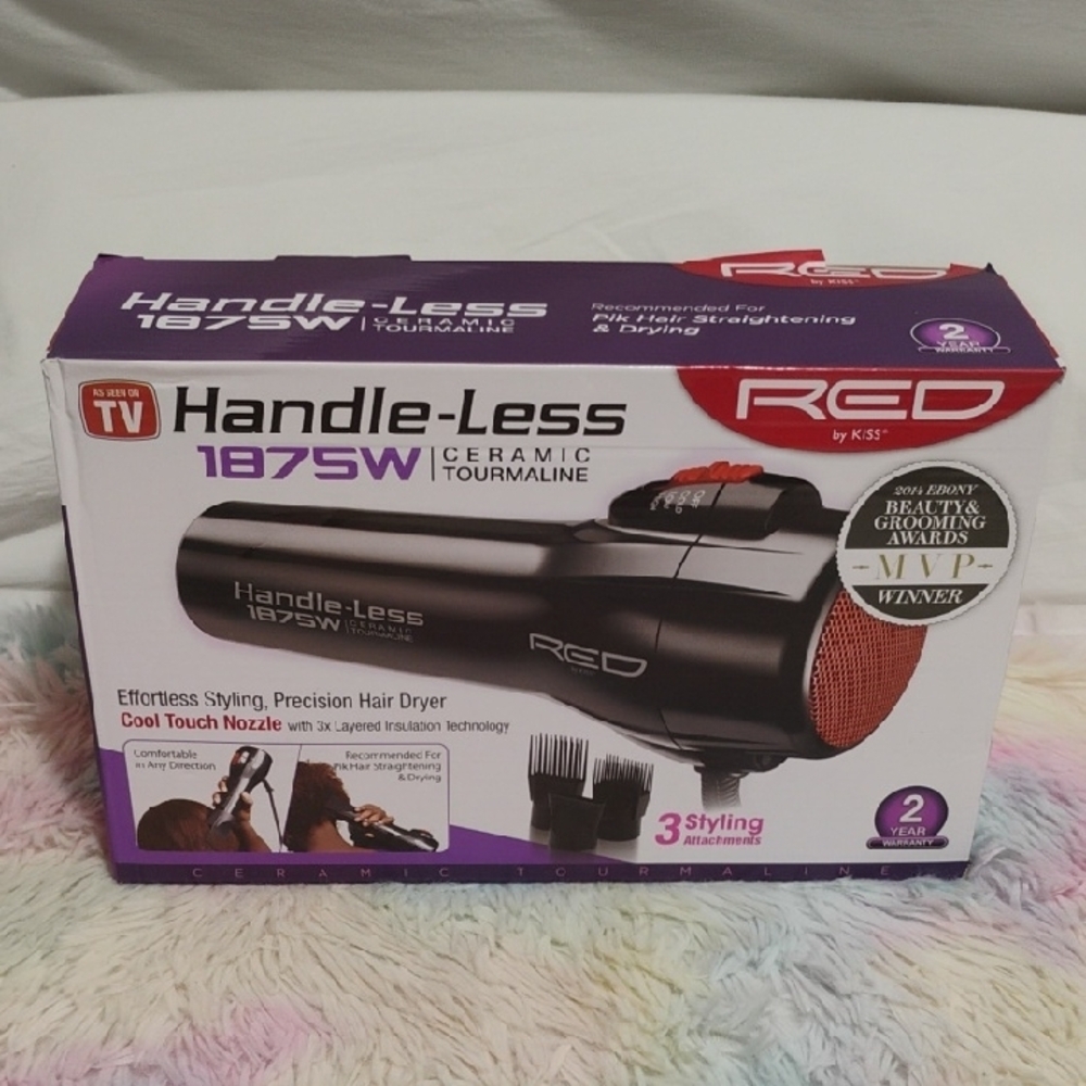 (#18) New RED by Kiss Handle-Less Hair Dryer W 3 Styling Attachments